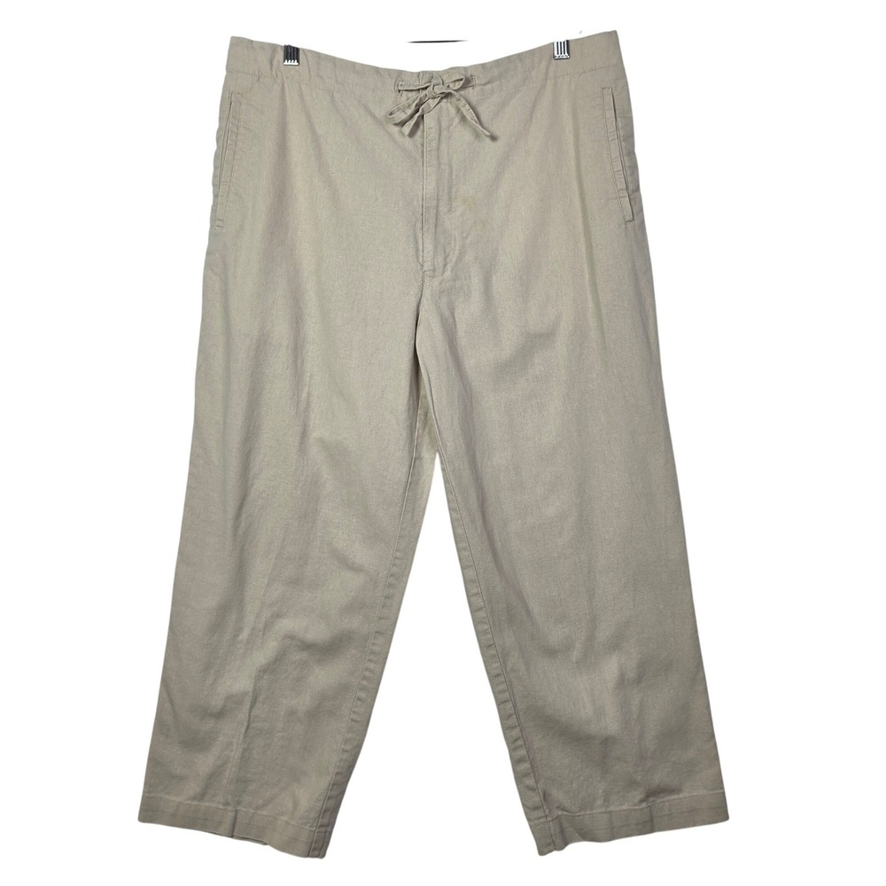 Paradise Shores‎ Womens Large Linen Crop Pants Beige Drawstring Elastic Waist
